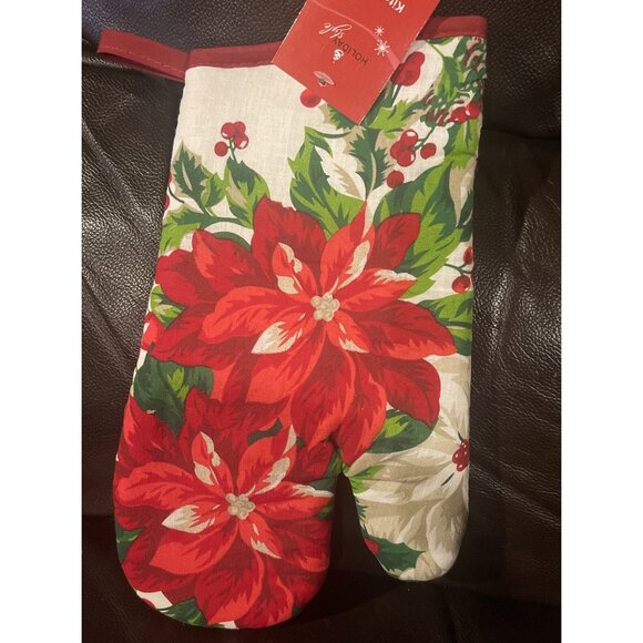 Poinsettia Holiday Kitchen Set:Oven Mitt & Towel 100% Cotton/Polyester Red&White - Picture 5 of 7